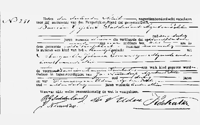 1908 geb reg 251 Delft Bastiaan ML zv BG Sodderlnad - MJ Esman